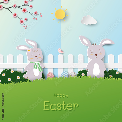 Easter background with cute rabbits and beautiful spring garden on sunshine day