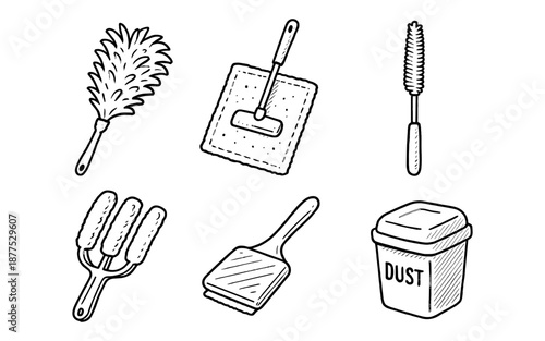 Hand drawn cleaning tools collection in black and white