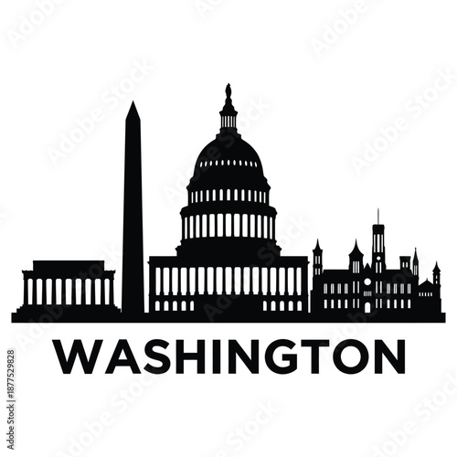 black silhouette of famous landmarks in washington dc cityscape