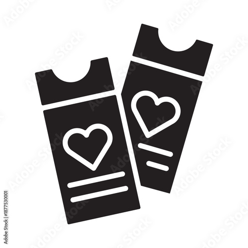 Solid tickets icon with hearts. Black silhouette of romantic date invitation and movie pass for Valentine Day. Bold love event symbol vector illustration isolated on white background.