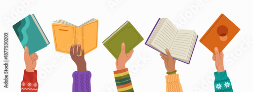 Diverse hands holding open and closed books. Concept of reading, learning and shared knowledge. Hand drawn vector illustration isolated on white background, flat cartoon style.