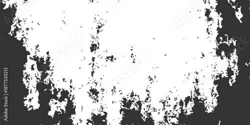 Abstract black grunge background with a vintage floral pattern featuring ink splatters and a dirty paint splash texture within a vector art frame border