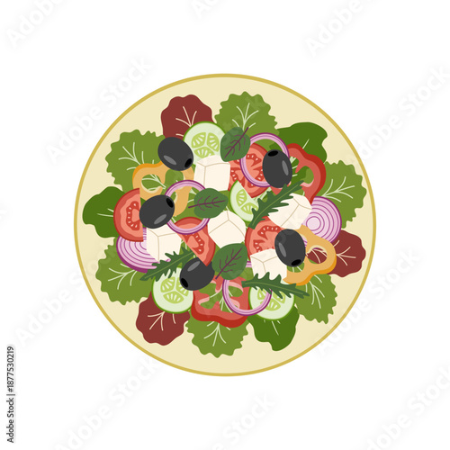 Fresh vegetables on a plate. Greek salad with red tomato, onion, pepper, feta, cucumber, lettuce, arugula. Hand drawn vector illustration isolated on white background, modern flat cartoon style.