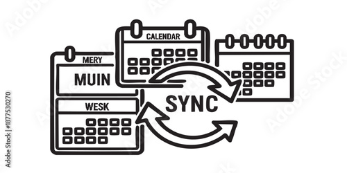 Calendar synchronization vector icon, month, week, day view with sync arrows, outline and filled style, isolated on transparent background