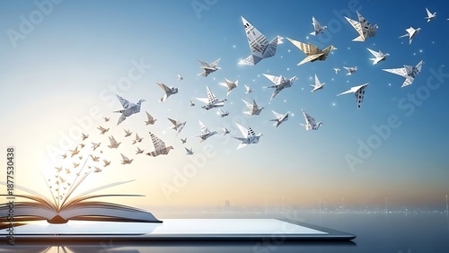 Luminous Origami Birds Flying Free from Open Book, Symbolizing Unrestricted Information and Press Freedom