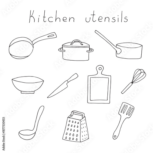 Hand Drawn Kitchen Utensils Line Art Set