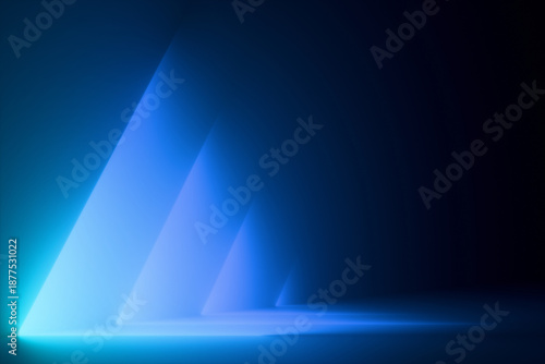 Abstract blue gradient rays in a row of neon light on a black background. 3D rendering illustration