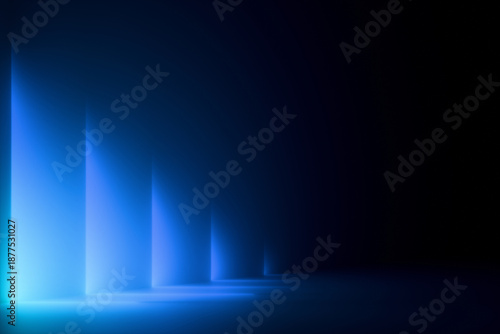 Abstract blue gradient rays in a row of neon light on a black background. 3D rendering illustration