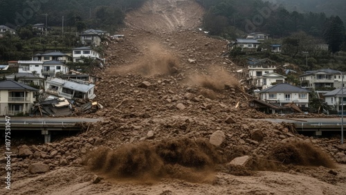 Massive landslide with brown mud and debris flow rushing down a hillside, rocks tumbling and destroying roads and houses in a natural disaster scene.