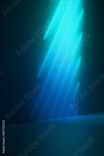 Abstract blue gradient rays in a row of neon light on a black background. 3D rendering illustration