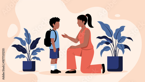 Mother and son illustration vector, caring conversation, parenting support, everyday life scene