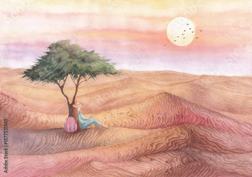Hot weather landscape tired young woman traveler after long journey resting under tree in oasis in desert backdrop sand dunes and sunset beautiful sky Bright sunny Watercolor painting