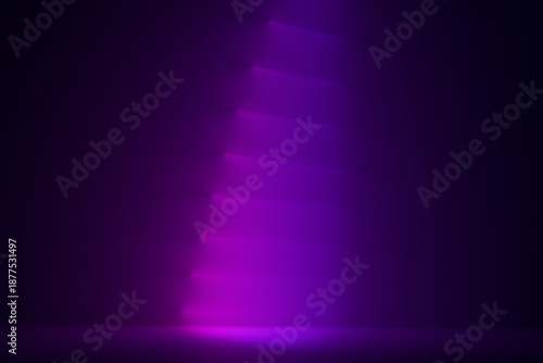 Abstract purple gradient rays in a row of neon light on a black background. 3D rendering illustration
