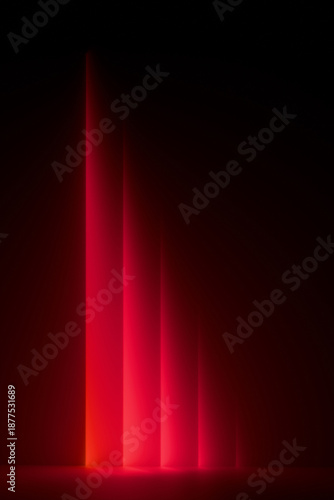 Abstract red gradient rays in a row of neon light on a black background. 3D rendering illustration