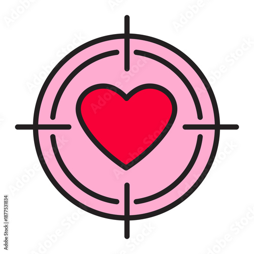 Editable linear icon of target with heart and color fill. Valentine's Day love target, romantic goal symbol, Cupid aim vector. Minimal outline, customizable stroke and red heart