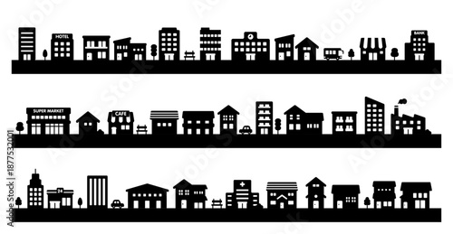 街並みのシルエット素材｜横並びの家と建物 ベクター素材