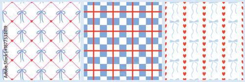 Pastel Bow & Gingham checks Seamless Pattern Set in blue and red. Soft pastel pattern perfect for Valentine’s, stationery, wrapping paper, romantic designs, fabric print.