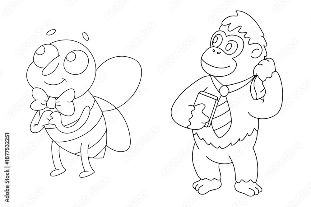 Fototapeta premium Adorable Bee And Gorilla Cartoon Characters, Business Animals Vector Illustration For Kids