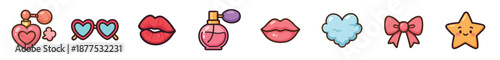 Set of cute cartoon girly icons including perfume bottles, lips, heart sunglasses, a bow, a cloud, and a smiling star, rendered in a colorful flat vector illustration style