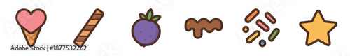 Collection of cute cartoon dessert icons featuring a heart-shaped ice cream cone, wafer stick, berry, chocolate drip, colorful sprinkles, and a star in a simple flat design