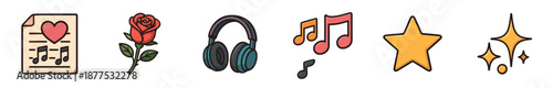 Set of cute cartoon style icons featuring a love song sheet, red rose, headphones, musical notes, star, and sparkles for representing music, romance, and celebration