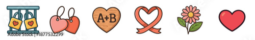 Set of six love-themed icons featuring padlocks on a gate, heart tags, a wooden heart with initials, a ribbon, a flower, and a simple heart in a cute cartoon style