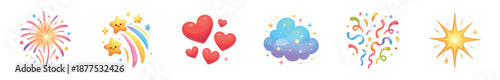 Set of colorful celebration cartoon icons including a firework, shooting stars, red hearts, a magic cloud, party confetti, and a bright sparkle for festive design