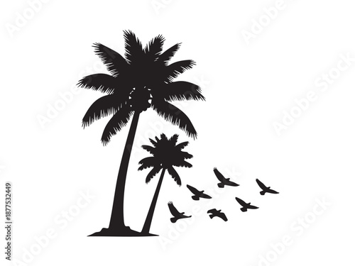 Tropical vacation silhouette vector illustration featuring two tall palm trees against bright sunlight with flock of six birds flying in formation