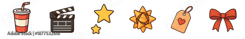 Collection of colorful cartoon style icons including a soda cup, clapperboard, stars, gift bows, and a heart tag for celebration and entertainment themes in a flat design