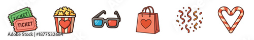 Set of cute cartoon love icons for a romantic date night featuring movie tickets, popcorn, 3D glasses, a shopping bag, confetti, and a heart-shaped candy cane illustration