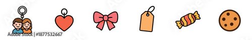 Collection of six cute line art icons for romance and celebration, featuring a couple keychain, heart pendant, pink ribbon bow, gift tag, sweet candy, and a cookie