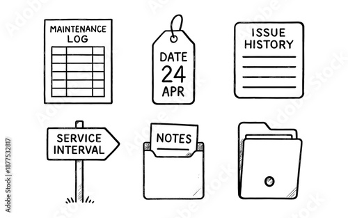 Hand drawn maintenance and organization icons: logs, notes, folders, and more