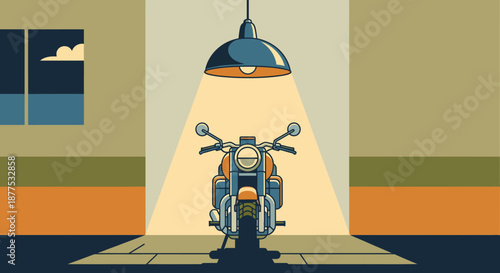 A retro vintage motorcycle shines under a bright lamp in a garage