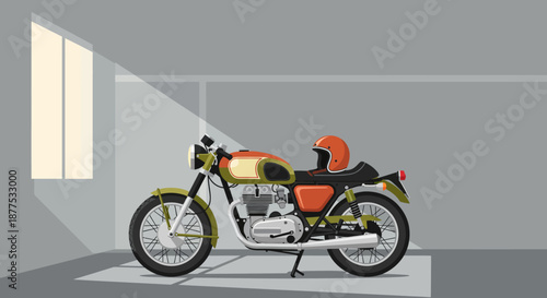 A classic retro vintage motorcycle with an orange helmet, illuminated by sunlight streaming into a quiet garage, evoking a sense of nostalgia and timeless style