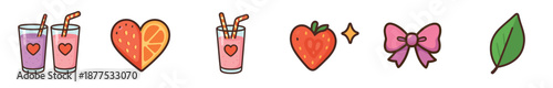 Set of cute cartoon icons featuring fruit smoothies, heart-shaped strawberries and oranges, a pink bow, and a green leaf in a charming, hand-drawn kawaii style for romantic themes