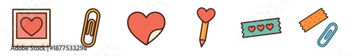 Charming set of cute romantic stationery icons including hearts, paperclips, washi tape, and a pencil, illustrated in a warm, retro color palette with a hand-drawn doodle style