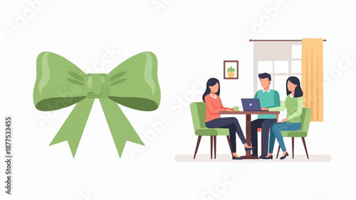 A green bow and people sitting around a table with a laptop