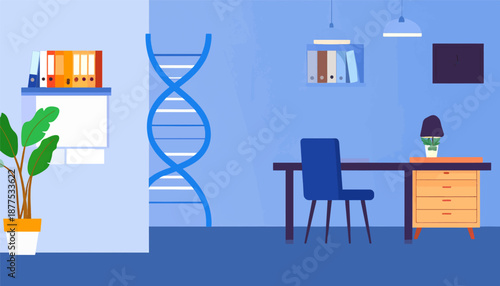 A desk and chair setup in a room with scientific and organizational elements