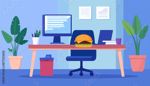 A desk setup with a computer, plants, and a hamburger for lunch