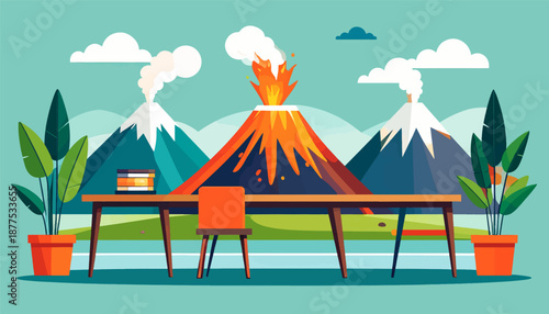A desk sits in front of an erupting volcano and snowy mountains