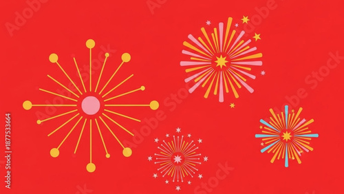 Vibrant colorful fireworks exploding on red background festive celebration graphics