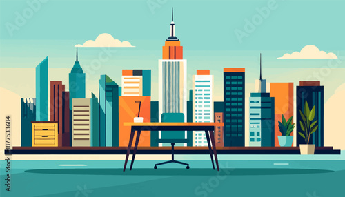 A desk with a chair and plants is placed in front of a stylized city skyline with tall buildings and clouds
