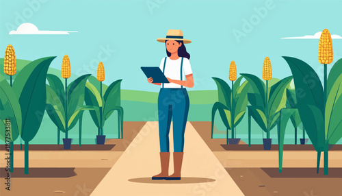 A farmer inspects a cornfield, holding a tablet, under a bright sky