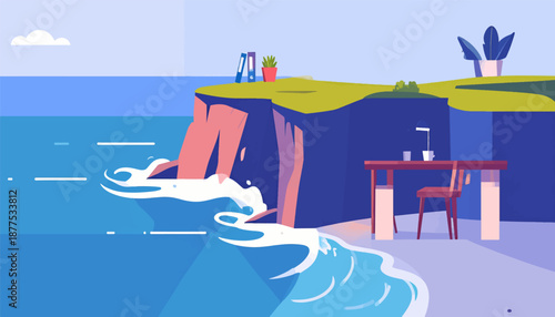 A desk with a laptop, and a mug sits by the sea on a cliff edge
