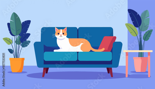 A ginger and white cat rests on a blue sofa in a room with two potted plants