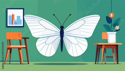 A giant white butterfly hovers in a room with chairs, a plant, and abstract art