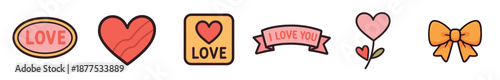 Set of six cute romantic stickers with hearts, bows, and love messages for Valentine's Day, featuring a hand-drawn cartoon style with a warm color palette of pink and red