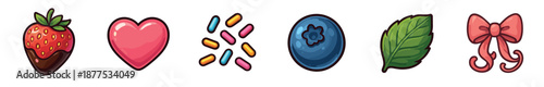 Set of six colorful cartoon icons featuring a chocolate-dipped strawberry, a pink heart, candy sprinkles, a blueberry, a green mint leaf, and a decorative pink ribbon bow