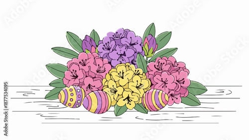 A festive arrangement of colorful Easter eggs nestled among vibrant spring blossoms on a wooden surface