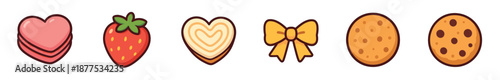 Cute cartoon collection of sweet icons including heart-shaped cookies, a strawberry, a bow, and chocolate chip cookies in a charming and simple illustrative style